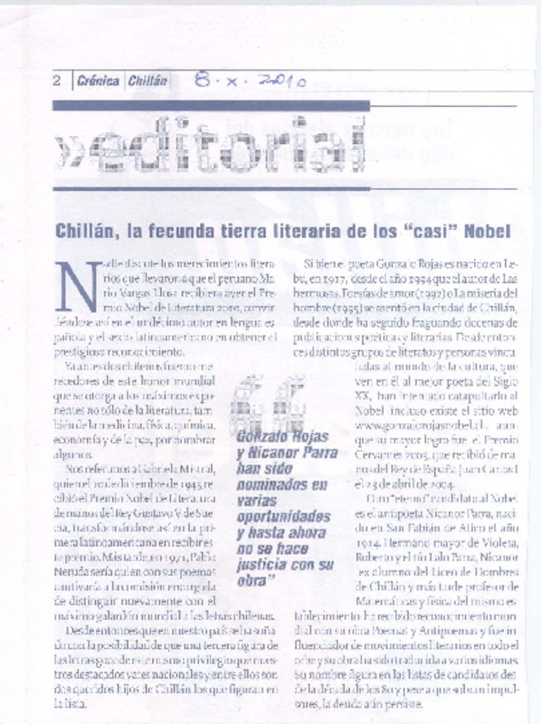 Chillán, la fecunda tierra literaria de los "casi" Nobel