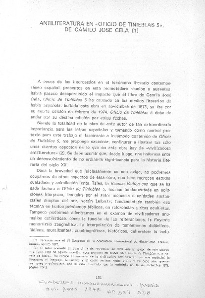 Antiliteratura en "Oficio de tinieblas 5", de Camilo José Cela