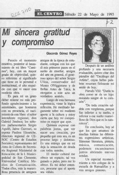 Mi sincera gratitud y compromiso  [artículo] Gioconda Gómez Reyes.