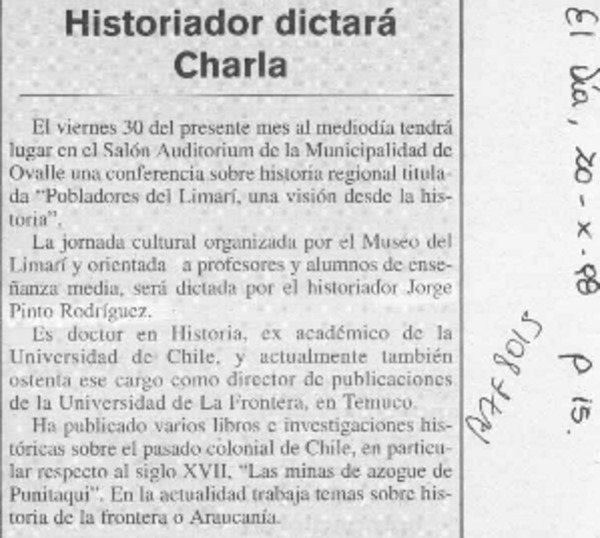 Historiador dictará charla  [artículo].