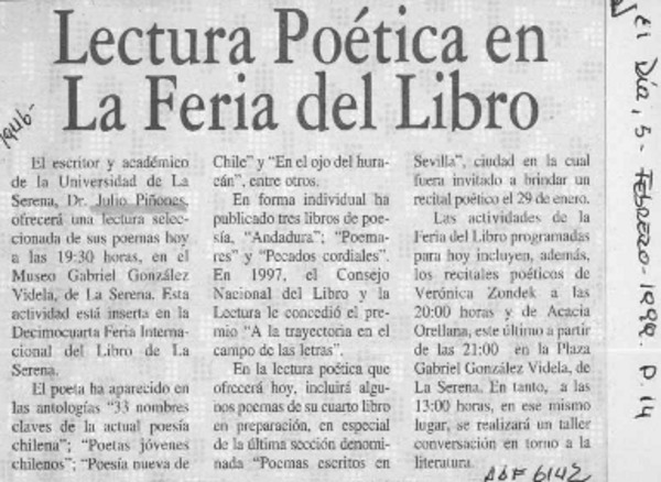 Lectura poética en la Feria del Libro  [artículo].