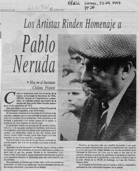 Los artistas rinden homenaje a Pablo Neruda  [artículo].
