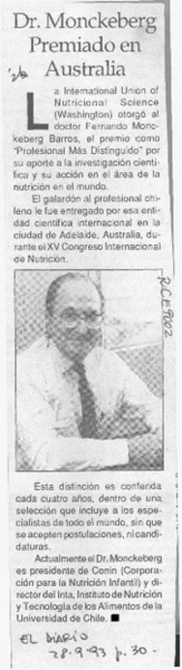 Dr. Monckeberg premiado en Australia  [artículo].