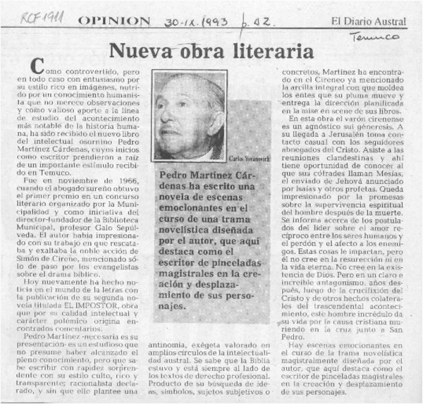 Nueva obra literaria  [artículo] Carlos Yovanovich.