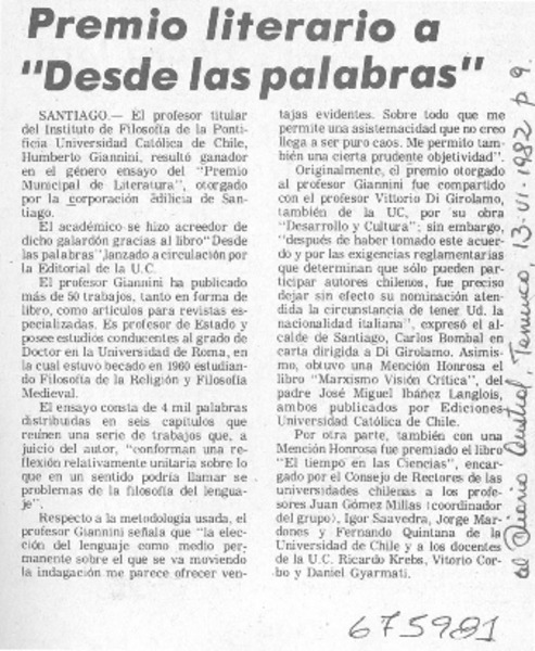 Premio literario a "Desde las palabras".