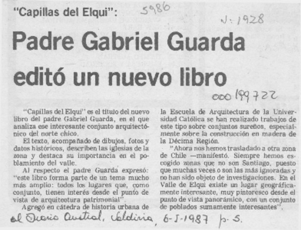 Padre Gabriel Guarda editó un nuevo libro