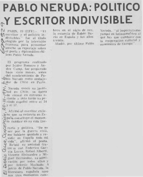 Pablo Neruda, político y escritor indivisible.