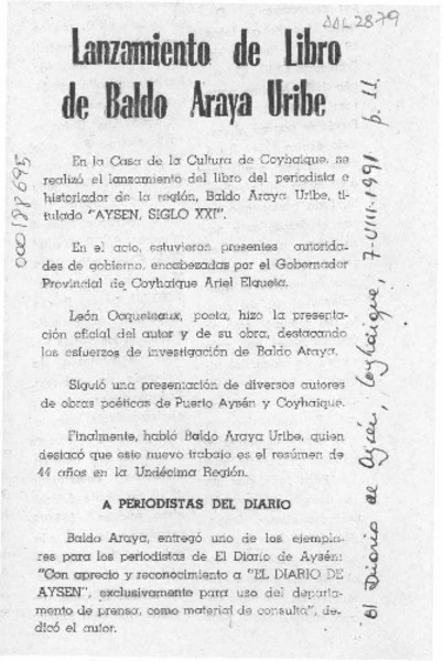 Lanzamiento de libro de Baldo Araya UIribe  [artículo].