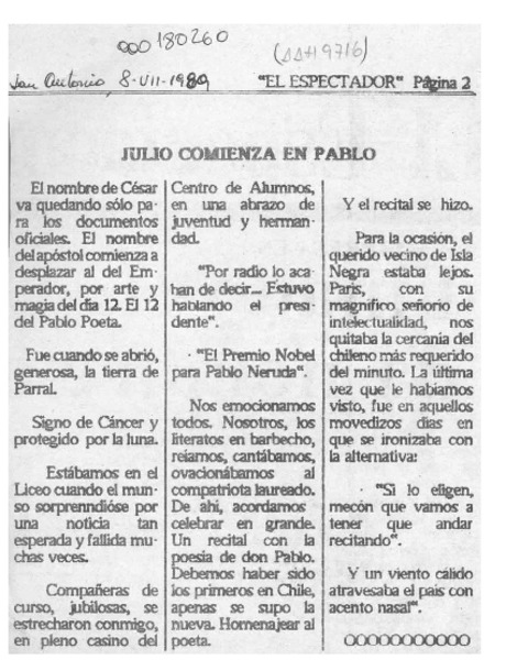 Julio comienza en Pablo  [artículo].