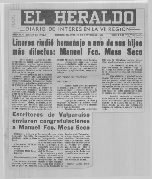 Linares rindió homenaje a uno de sus hijos más directos: Manuel Fco. Mesa Seco.