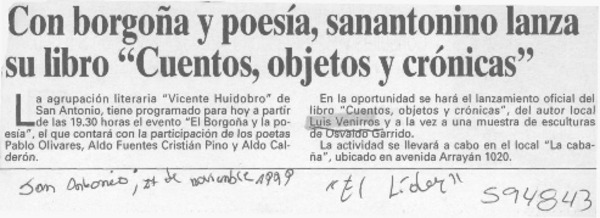 Con borgoña y poesía, sanantonino lanza su libro "Cuentos, objetos y crónicas"  [artículo]