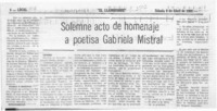 Solemne acto de homenaje a poetisa Gabriela Mistral  [artículo].