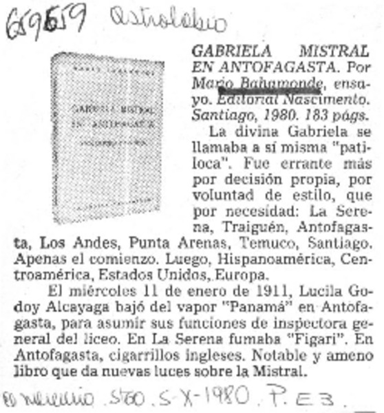 Gabriela Mistral en Antofagasta.  [artículo]