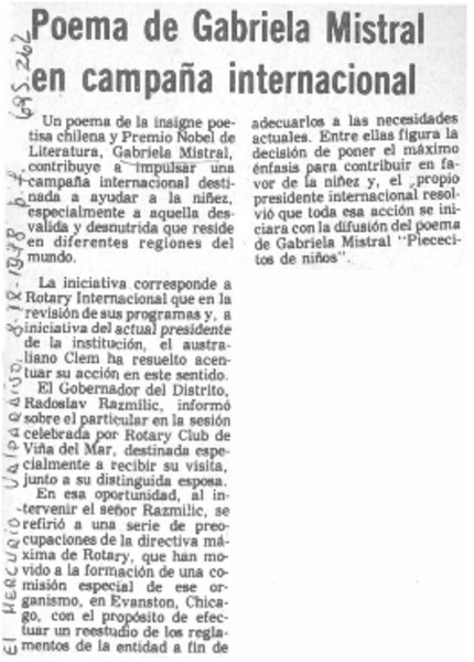 Poema de Gabriela Mistral en campaña internacional.