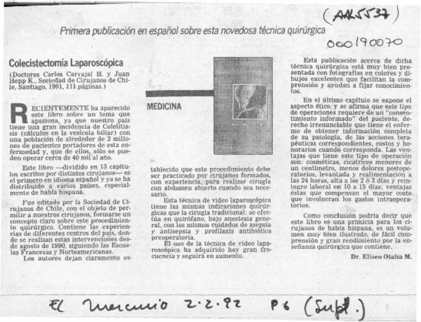 Colecistectomía Laparoscópica  [artículo] Eliseo Otaíza M.