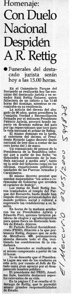 Con duelo nacional despiden a R. Rettig  [artículo]
