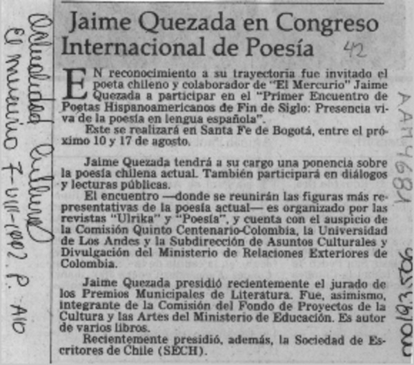 Jaime Quezada en congreso internacional de poesía [artículo].