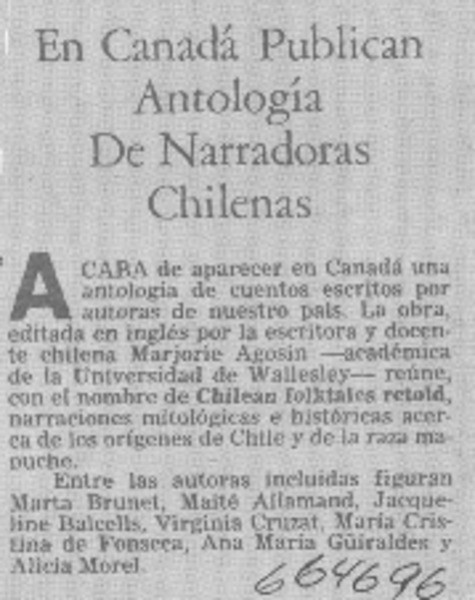 En Canadá publican antología de narradoras chilenas.