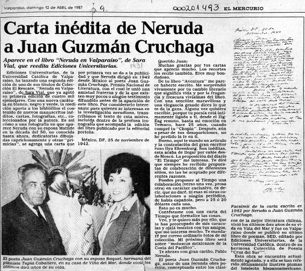 Carta inédita de Neruda a Juan Guzmán Cruchaga  [artículo].