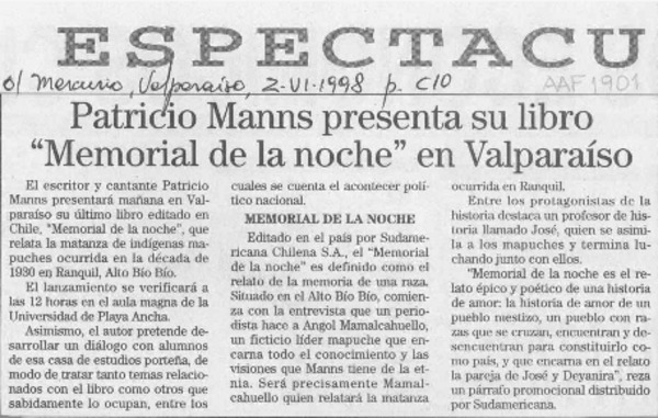 Patricio Manns presenta su libro "Memorial de la noche" en Valparaíso  [artículo].