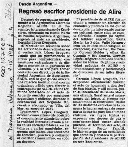 Regresó escritor presidente de Alire  [artículo].