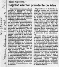 Regresó escritor presidente de Alire  [artículo].