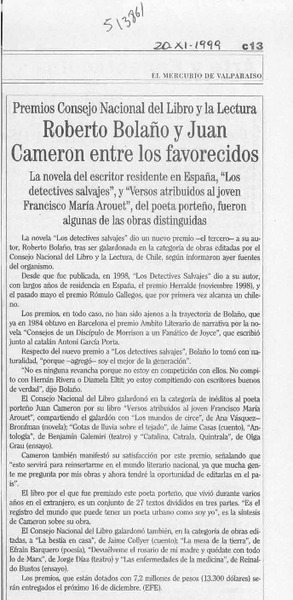 Roberto Bolaño y Juan Cameron entre los favorecidos  [artículo]