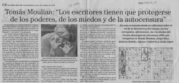 Tomás Moulian, "Los escritores tienen que protegerse de los poderes, de los miedos y de la autocensura"  [artículo].