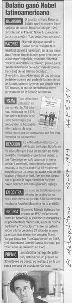 Bolaño ganó Nobel latinoamericano  [artículo].