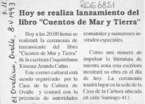 Hoy se realiza lanzamiento del libro "Cuentos de mar y tierra"  [artículo].