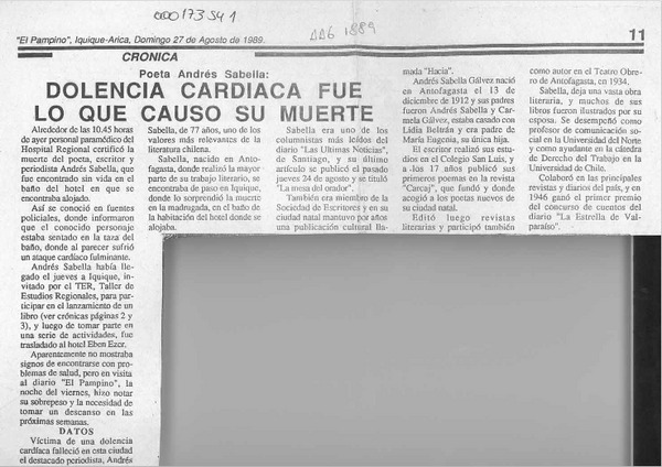 Dolencia cardiaca fue lo que causó su muerte  [artículo].