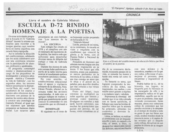 Escuela D-72 rindió homenaje a la poetisa  [artículo] L. S. A.