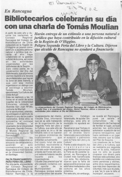 Bibliotecarios celebrarán su día con una charla de Tomás Moulian  [artículo].