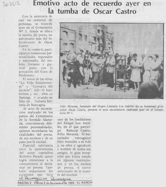 Emotivo acto de recuerdo ayer en la tumba de Oscar Castro