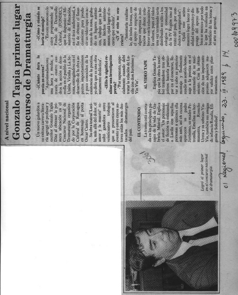 Gonzalo Tapia primer lugar en concurso de dramaturgia  [artículo].