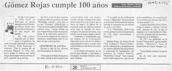 Gómez Rojas cumple 100 años  [artículo] Carlos Martínez Muñoz.