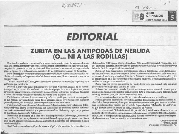 Zurita en las antípodas de Neruda (o -- ni a las rodillas)  [artículo] Patricio Aguilar.