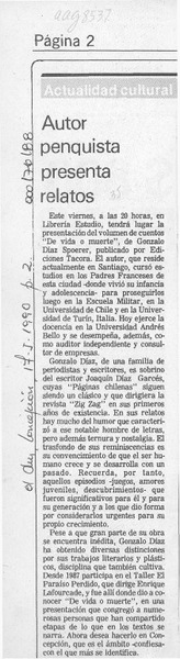 Autor penquista presenta relatos  [artículo].