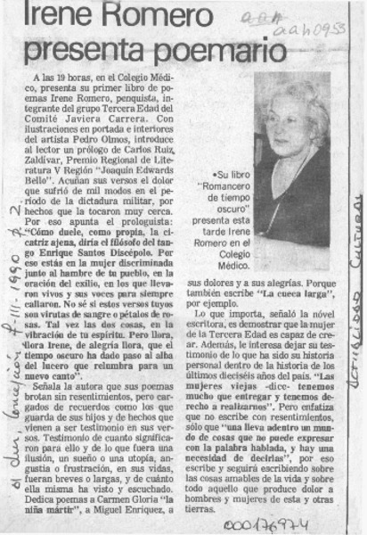 Irene Romero presenta poemario  [artículo].