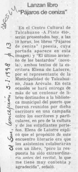 Lanzan libro "Pájaros de ceniza"  [artículo].