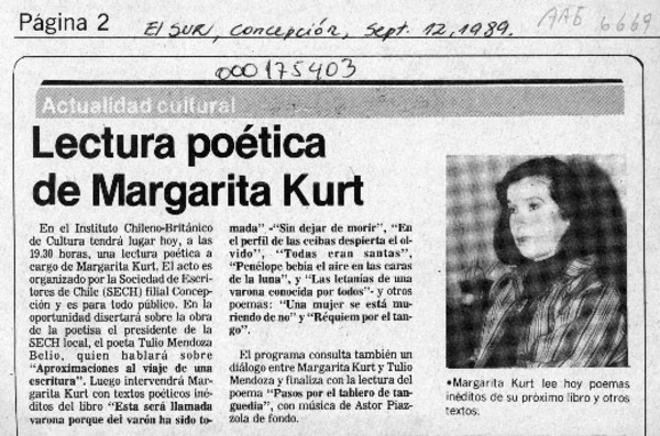 Lectura poética de Margarita Kurt  [artículo].