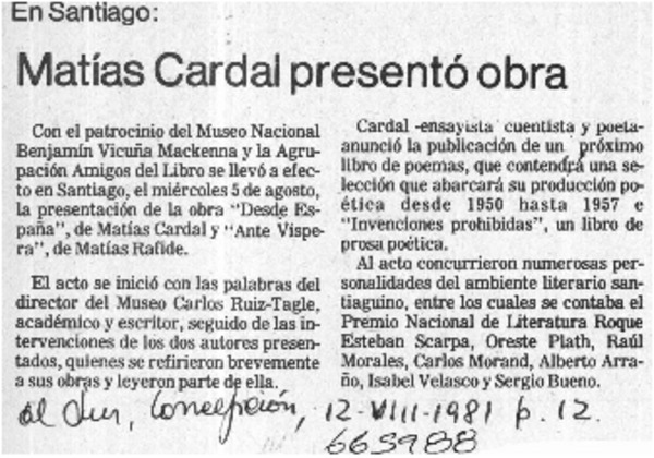 Matías Cardal presentó obra.  [artículo]