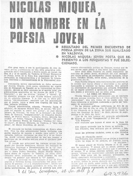 Nicolás Miquea, un hombre en la poesía joven.