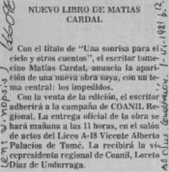 Nuevo libro de Matías Cardal.  [artículo]