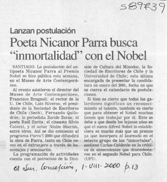 Poeta Nicanor Parra busca "inmortalidad" con el Nobel  [artículo]