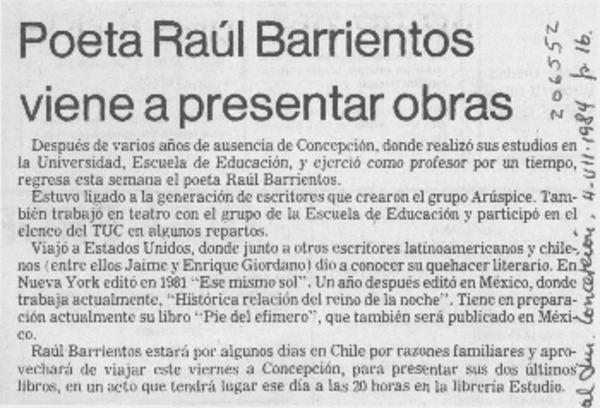 Poeta Raúl Barrientos viene a presentar obras