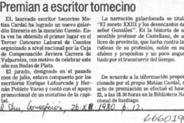 Premian a escritor tomecino.  [artículo]