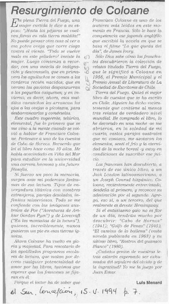 Resurgimiento de Coloane  [artículo] Luis Menard.