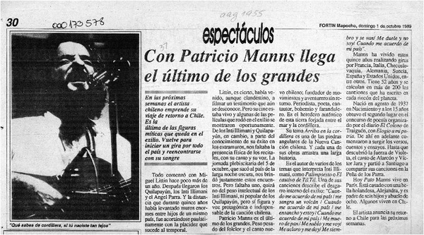 Con Patricio Manns llega el último de los grandes  [artículo].