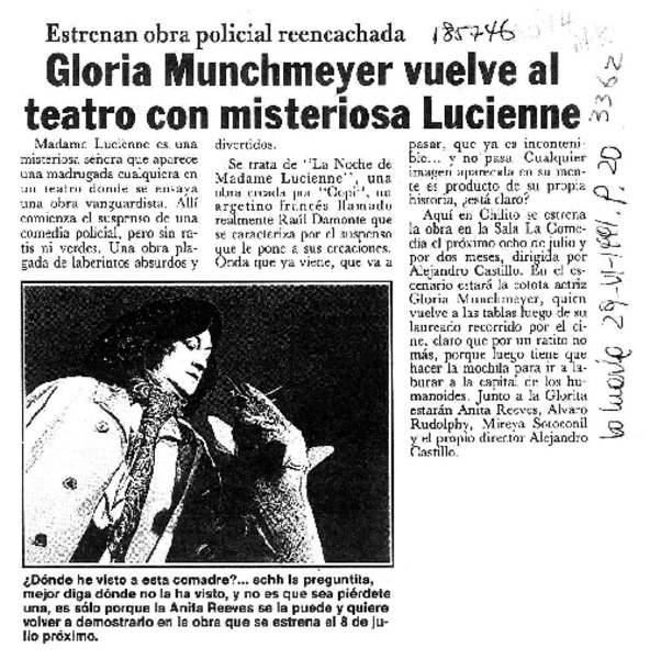 Gloria Munchmeyer vuelve al teatro con misteriosa Lucienne  [artículo].